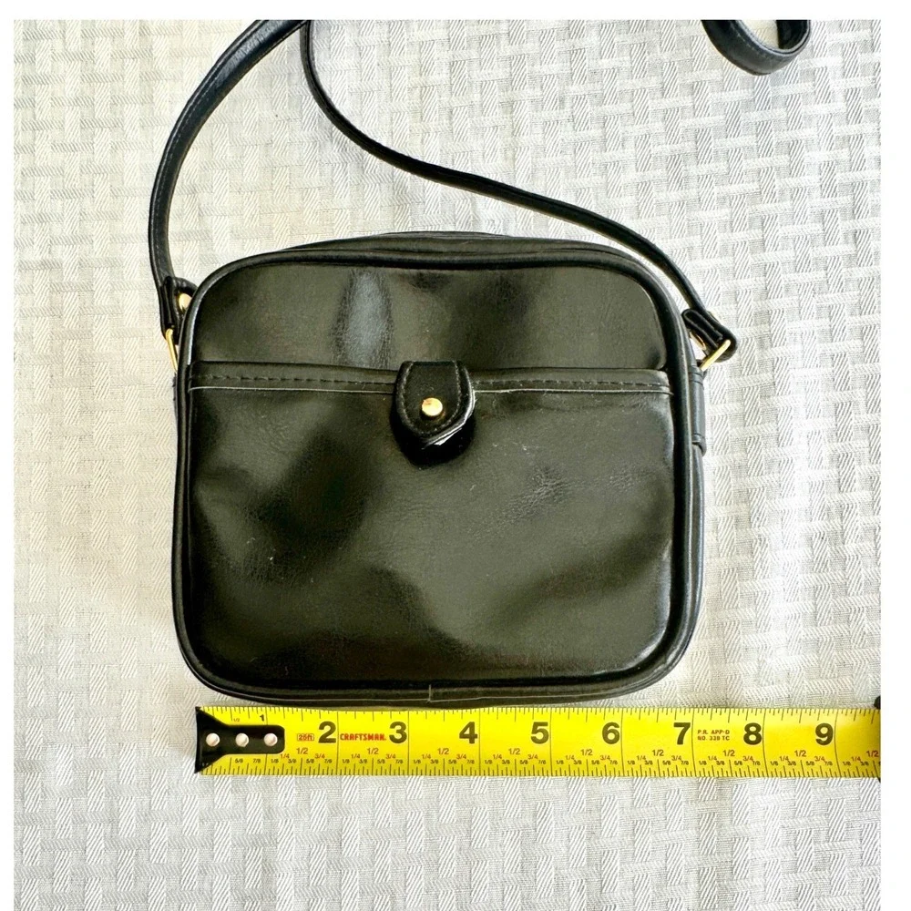 Vintage Black Faux Leather Crossbody Bag Square‎ Camera Bag Gold Hardware
